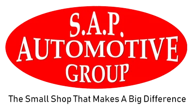 A red and white logo for the s. A. P. Automotive group