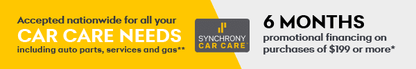 A yellow and gray banner with the words synchrony car care on it.